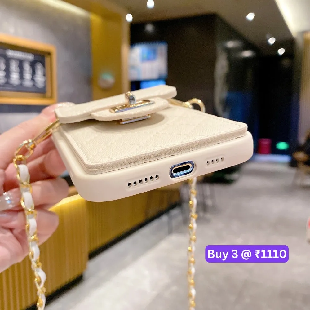 Luxury PU Leather Wallet Silicone Phone Case with Crossbody Chain Card Slot Bag - iPhone 14 Pro Max