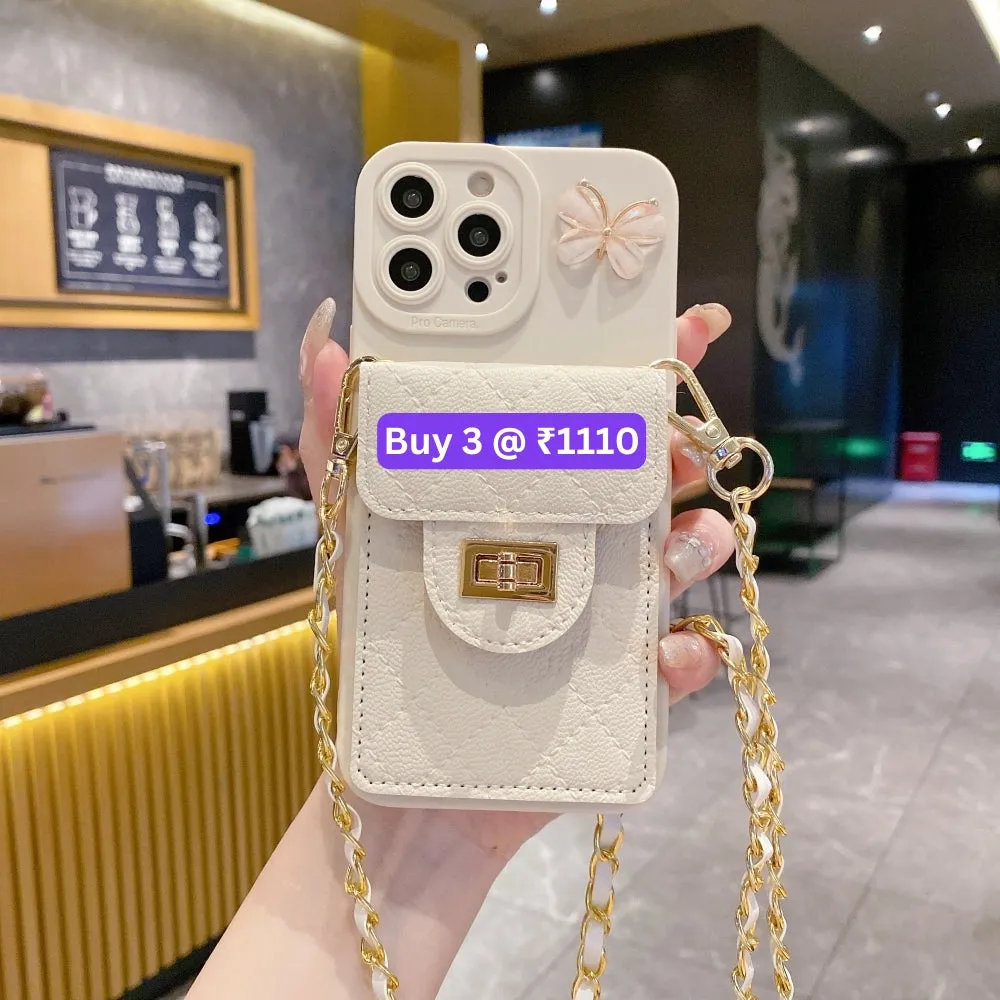 Luxury PU Leather Wallet Silicone Phone Case with Crossbody Chain Card Slot Bag - iPhone 14 Pro Max