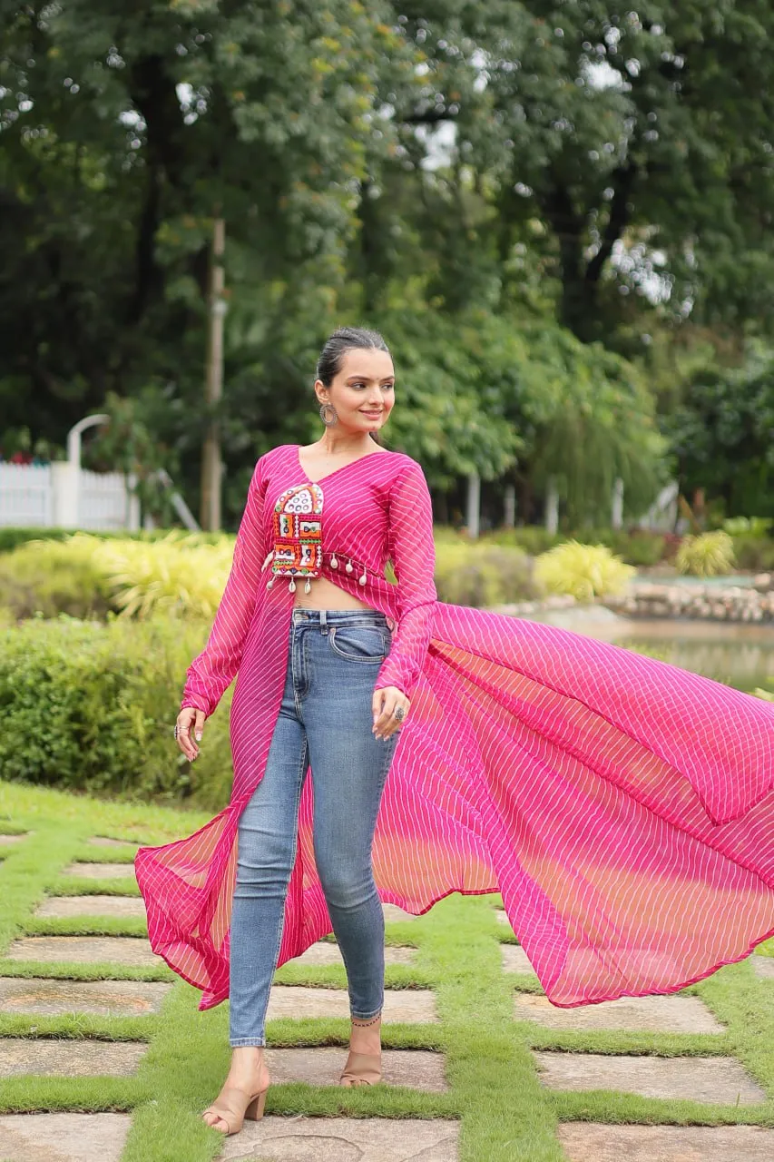 Magenta Faux Georgette Leheriya Print Kurti with Kutchi Patchwork