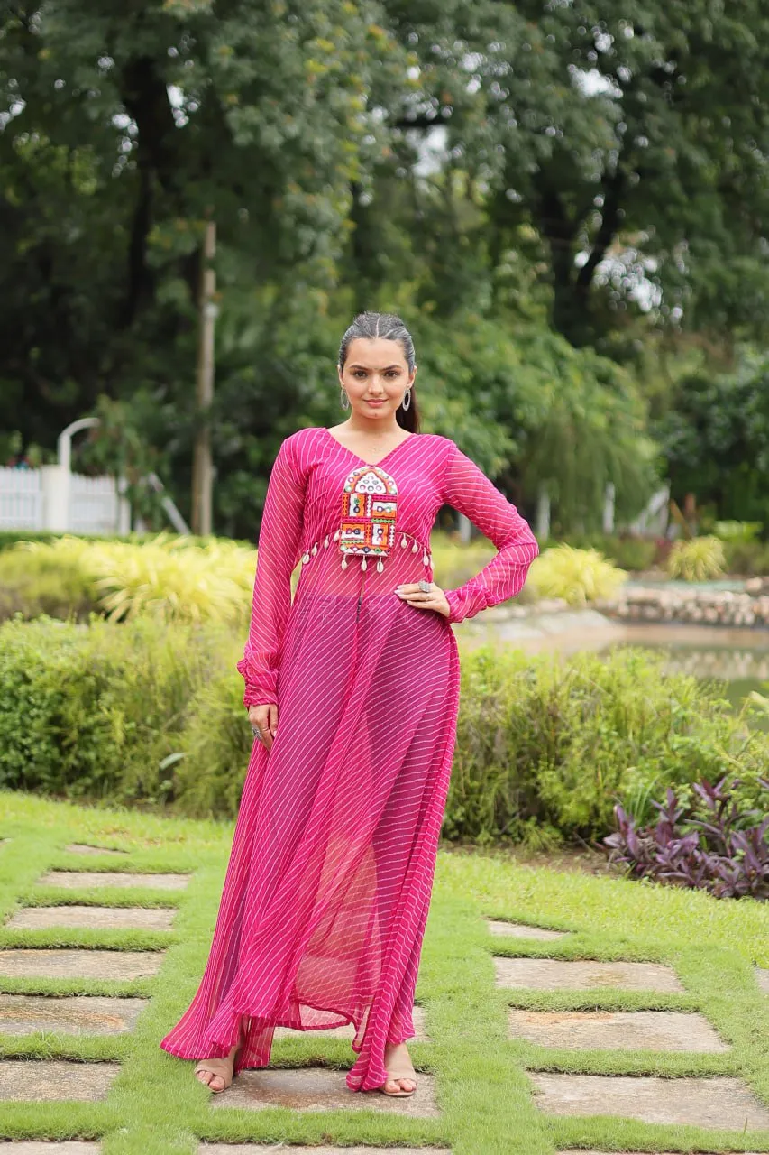 Magenta Faux Georgette Leheriya Print Kurti with Kutchi Patchwork