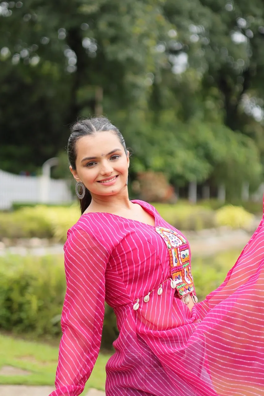 Magenta Faux Georgette Leheriya Print Kurti with Kutchi Patchwork