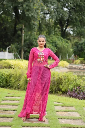 Magenta Faux Georgette Leheriya Print Kurti with Kutchi Patchwork