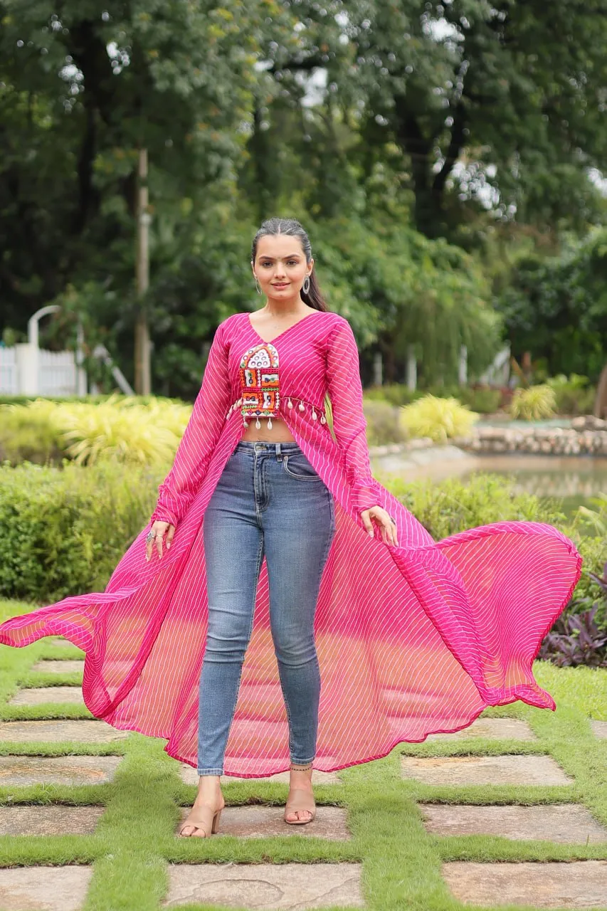 Magenta Faux Georgette Leheriya Print Kurti with Kutchi Patchwork