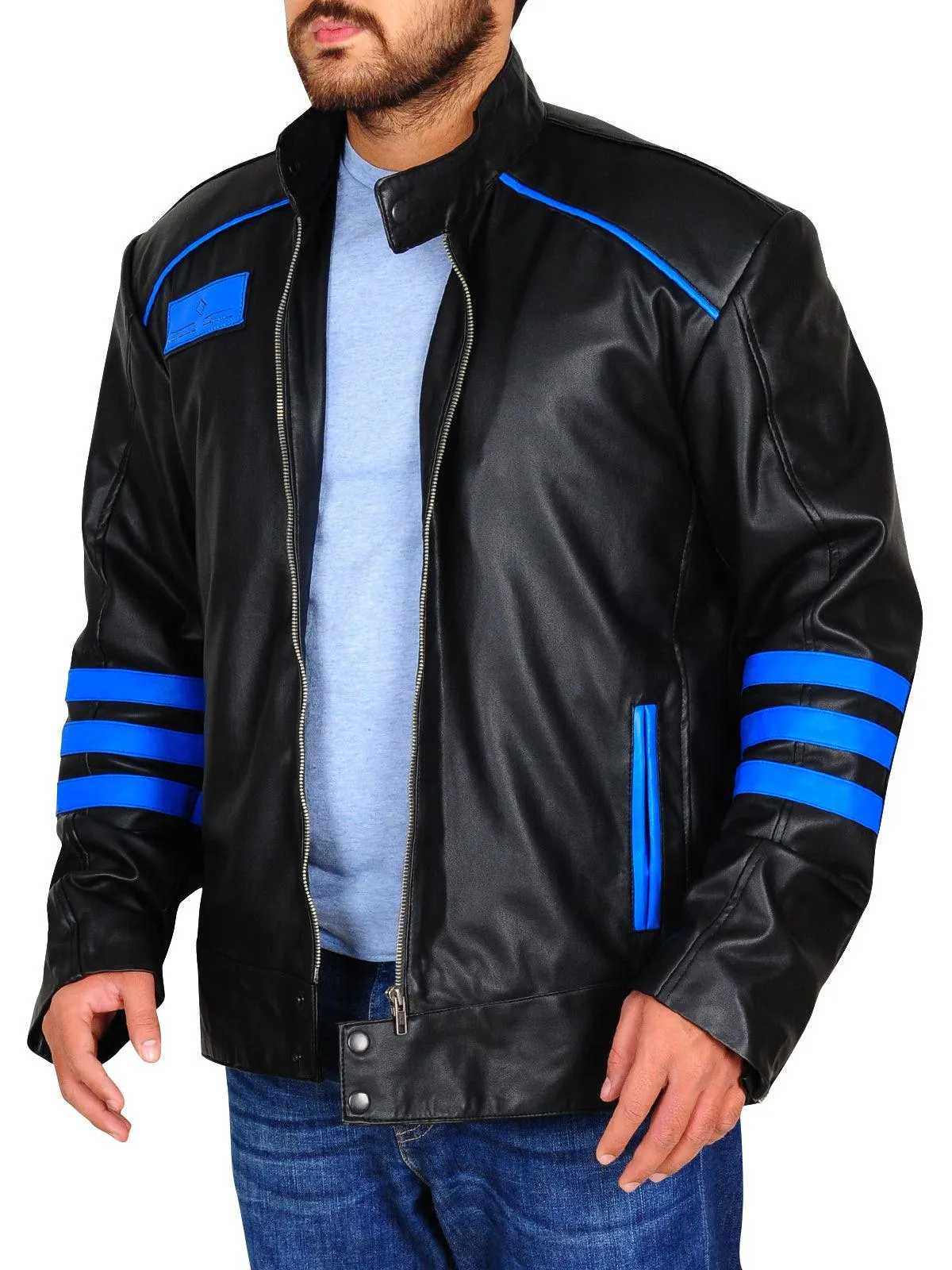 Men's Blue & Black Biker Leather Jacket