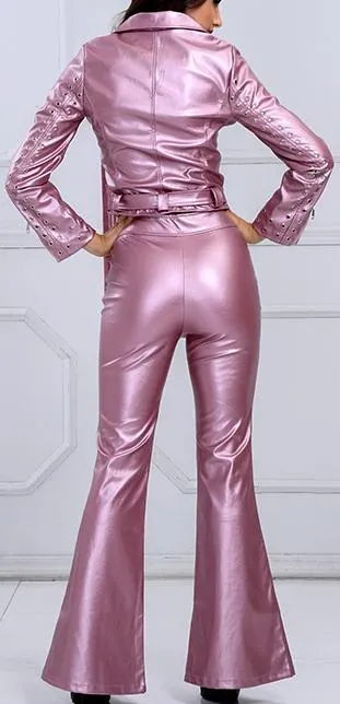 Metallic Faux-Leather Fringed Jacket & Pant Set