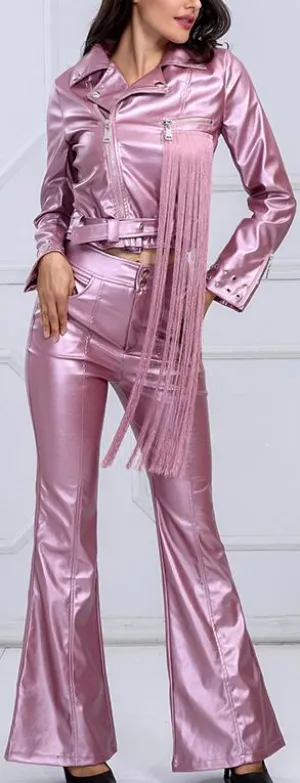 Metallic Faux-Leather Fringed Jacket & Pant Set