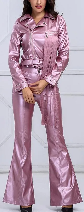 Metallic Faux-Leather Fringed Jacket & Pant Set