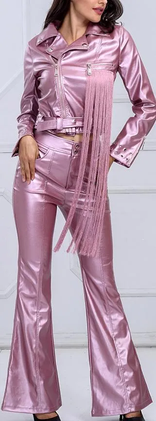 Metallic Faux-Leather Fringed Jacket & Pant Set
