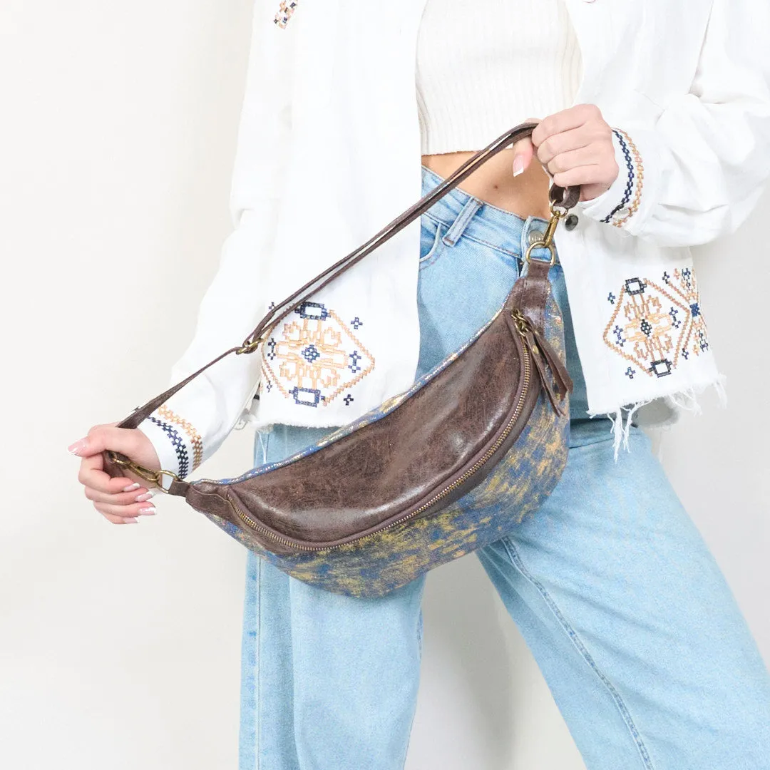 Metallic leather waist bag with zipper closure wholesale