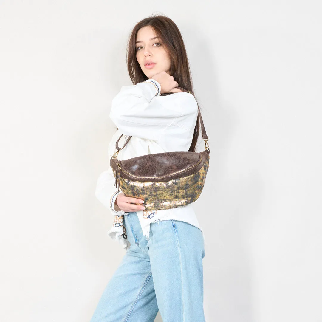 Metallic leather waist bag with zipper closure wholesale