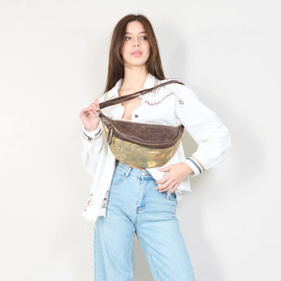 Metallic leather waist bag with zipper closure wholesale