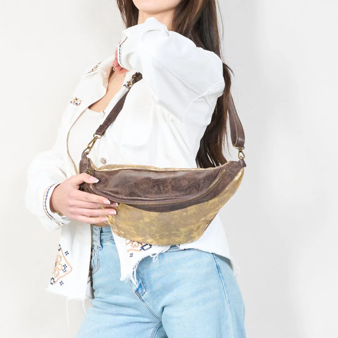 Metallic leather waist bag with zipper closure wholesale