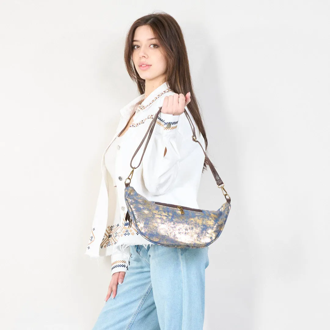 Metallic leather waist bag with zipper closure wholesale