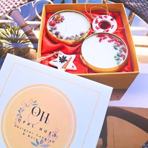 Opal Hues Scented Metal Urli Bowl Candle Set Gift Box (Rose)