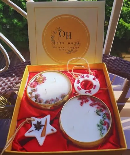 Opal Hues Scented Metal Urli Bowl Candle Set Gift Box (Rose)