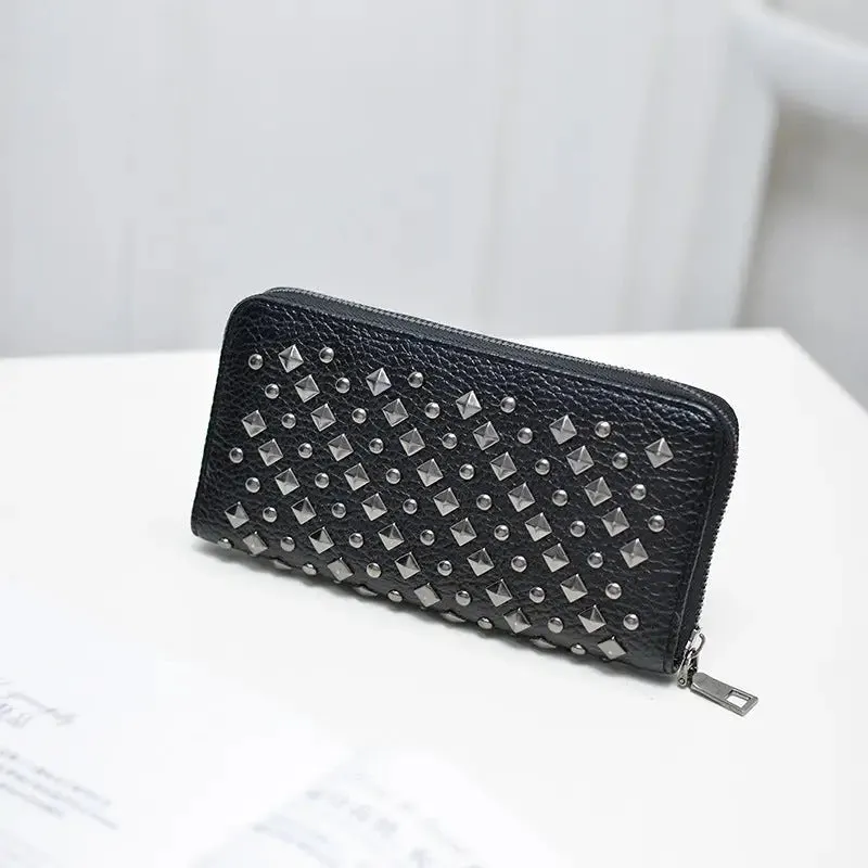 Punk Rivet Long Wallet with Horizontal Square Design