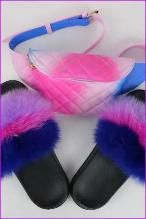 Purple Pink Blue Fur Slides & Waist Bag Set #3 F952