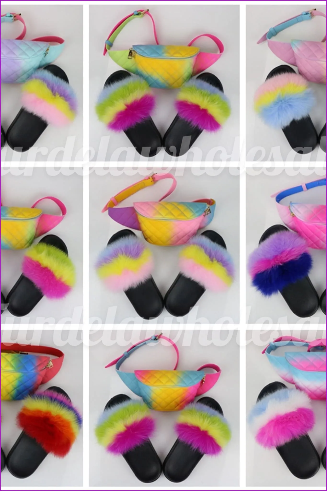 Purple Pink Blue Fur Slides & Waist Bag Set #3 F952