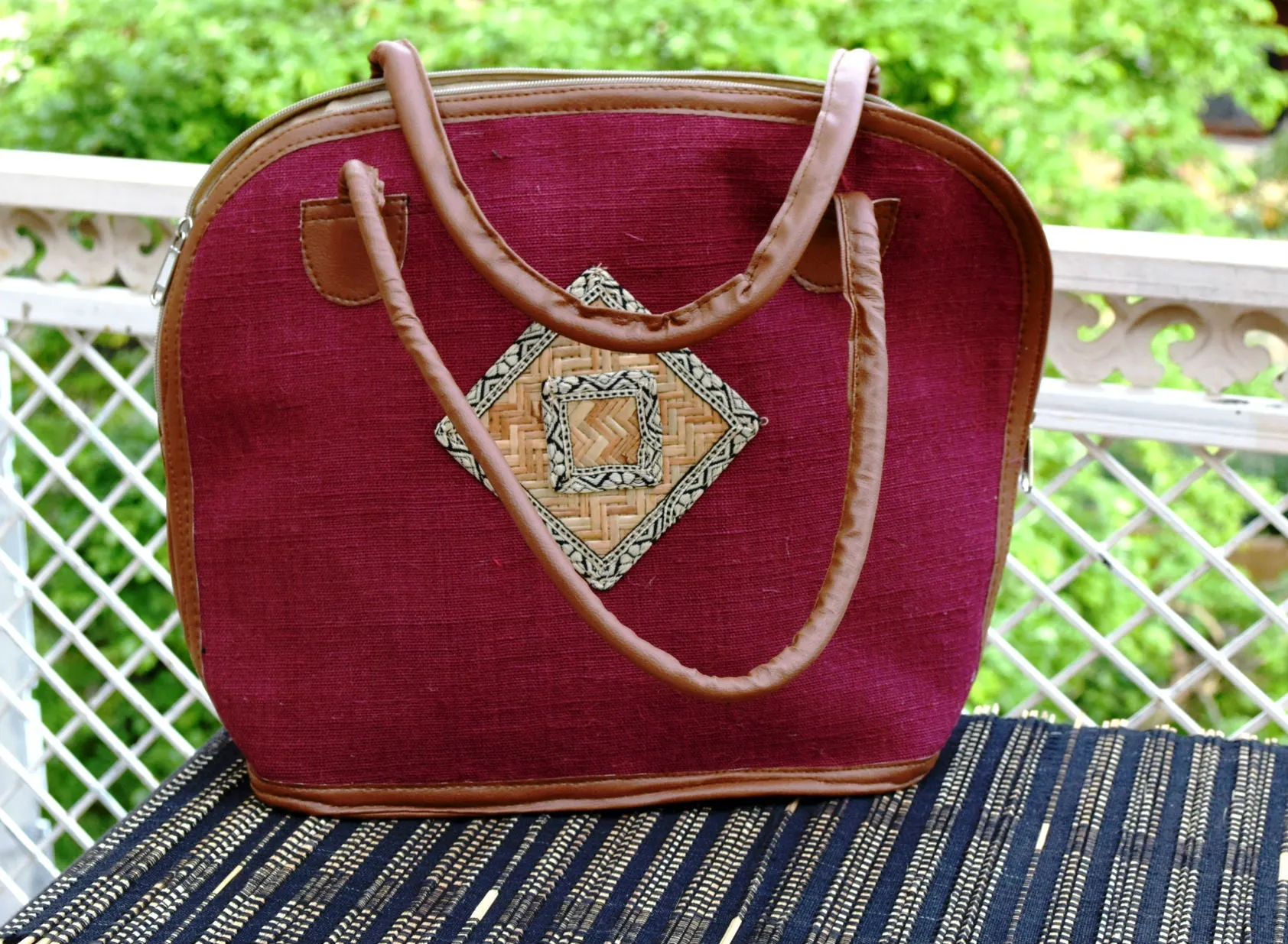 Red Maroon Shoulder Handbag with Bamboo Work