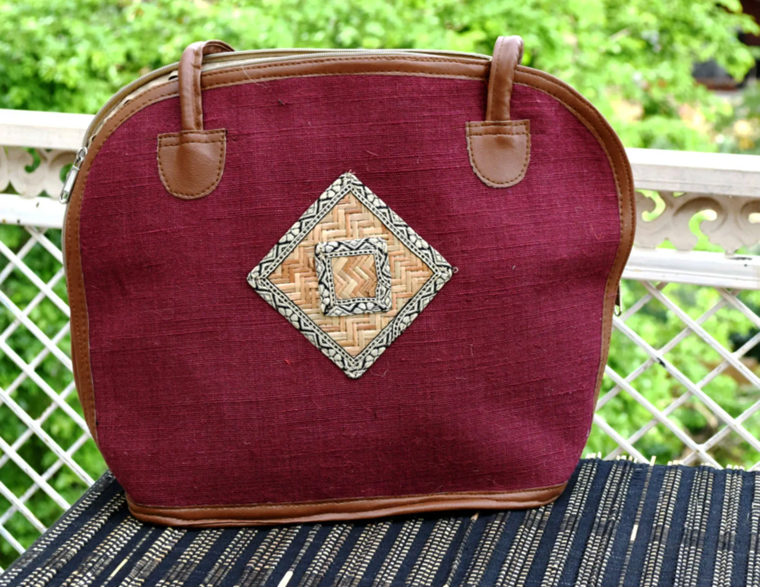Red Maroon Shoulder Handbag with Bamboo Work