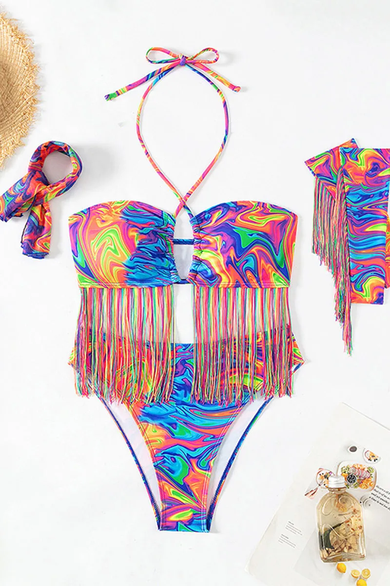 Ripple Print Cross Halter Striking Tassel Bikini