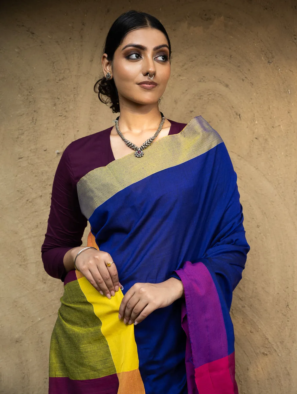Soft & Striking. Pure Handwoven Linen Saree (With Blouse Piece) - Royal Blue Elegance