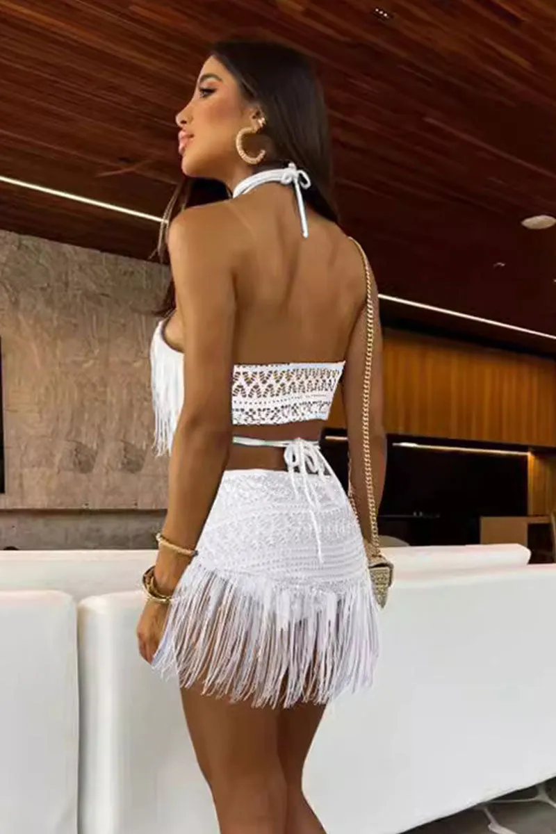 Solid Color Tassel Striking Lace-Up Dress Suit Beachwear