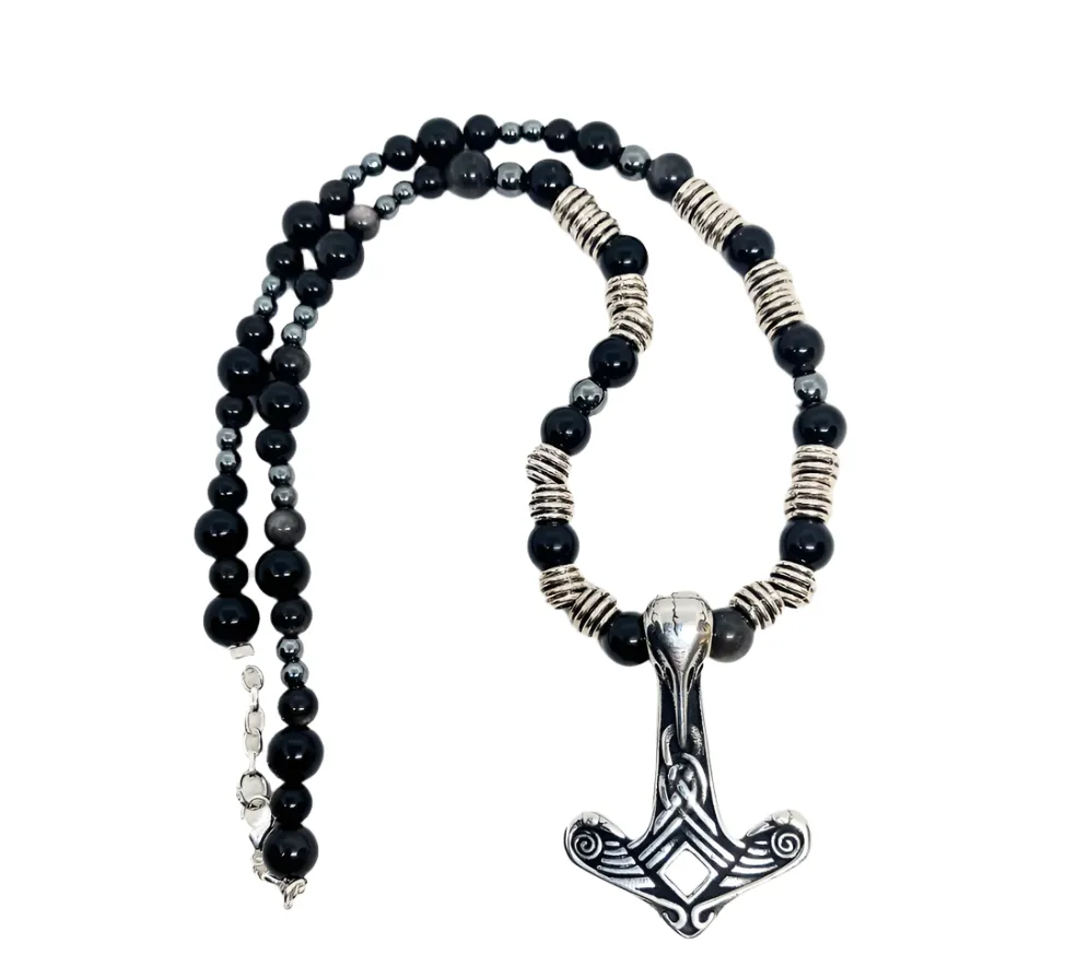 Stainless Steel Raven Skull Mjölnir Necklace with Obsidian Crystal