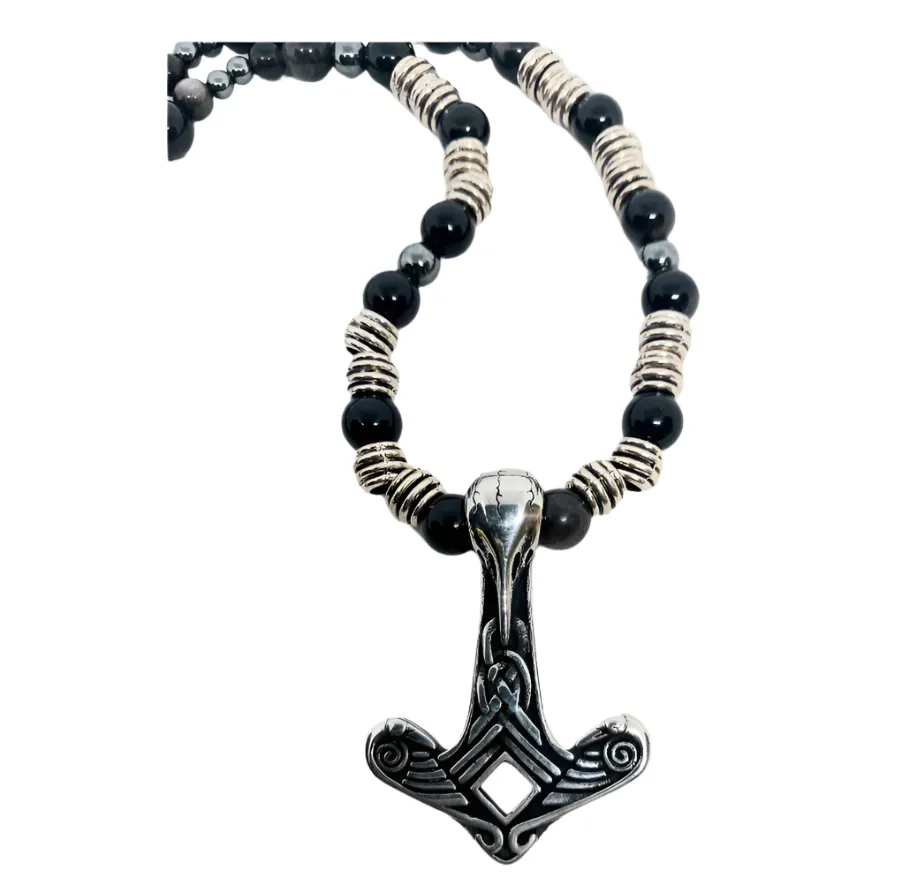 Stainless Steel Raven Skull Mjölnir Necklace with Obsidian Crystal