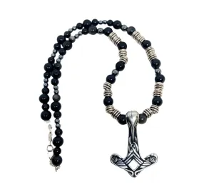 Stainless Steel Raven Skull Mjölnir Necklace with Obsidian Crystal