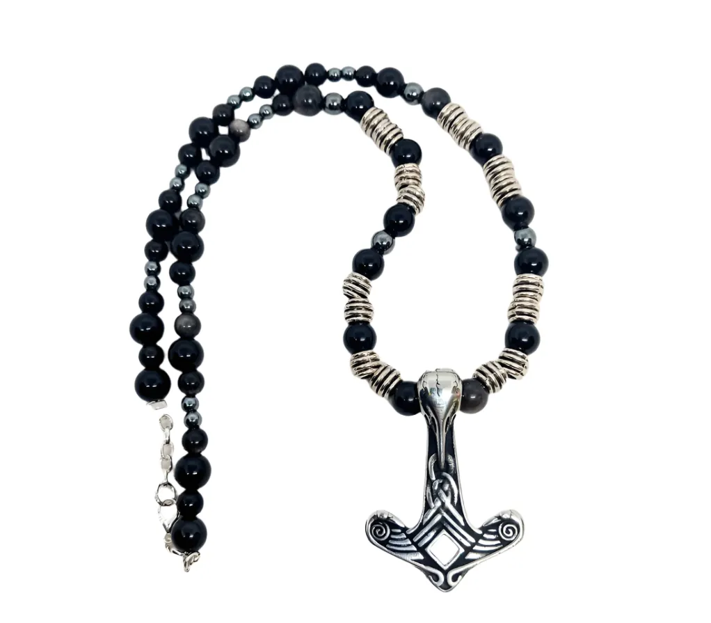 Stainless Steel Raven Skull Mjölnir Necklace with Obsidian Crystal