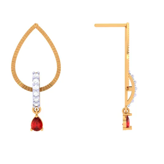 Striking Drop-shaped Red Stone Studded Gold Earrings