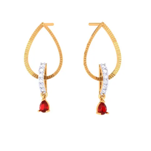 Striking Drop-shaped Red Stone Studded Gold Earrings
