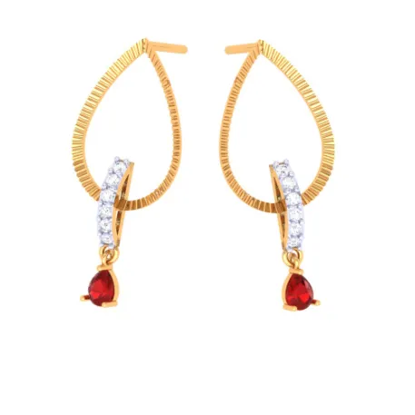 Striking Drop-shaped Red Stone Studded Gold Earrings