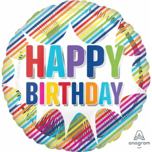 Striking Festivity 18" Standard HX Happy Birthday Striped Burst Balloon (5/Pk)