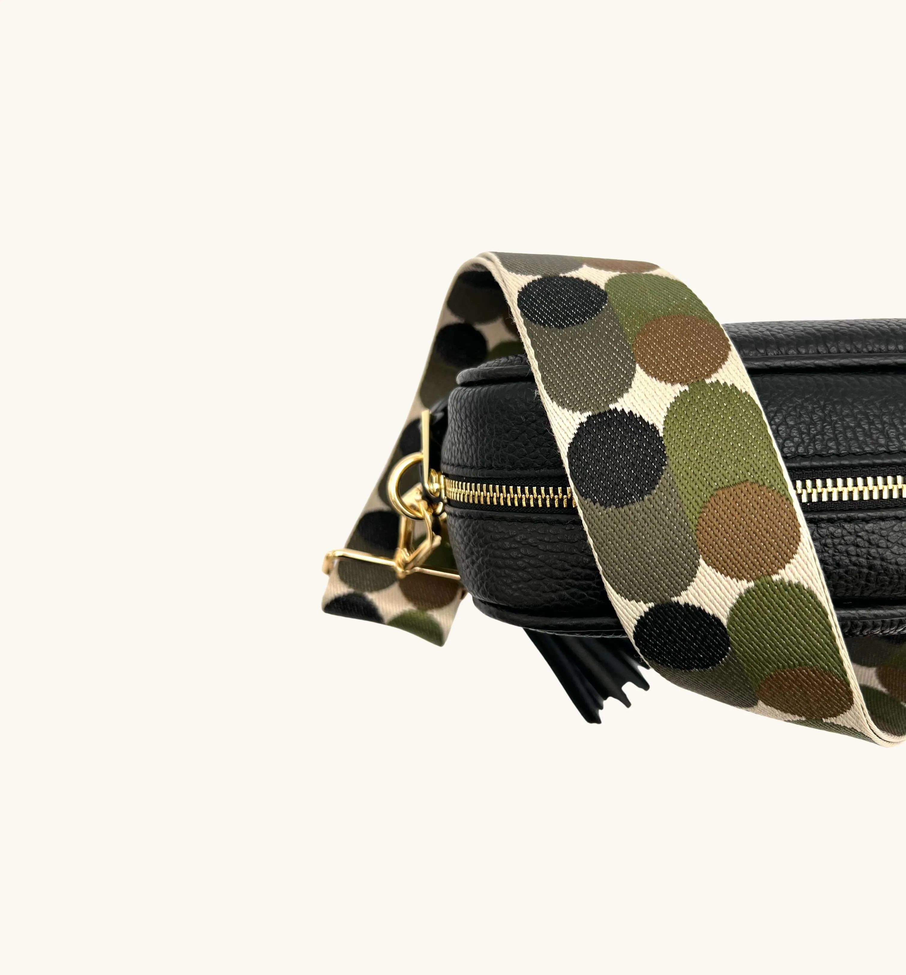 The Tassel Black Leather Crossbody Bag With Khaki Pills Strap