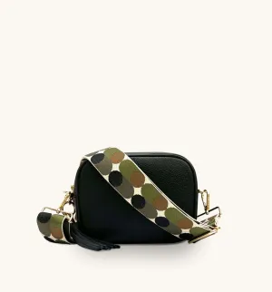 The Tassel Black Leather Crossbody Bag With Khaki Pills Strap