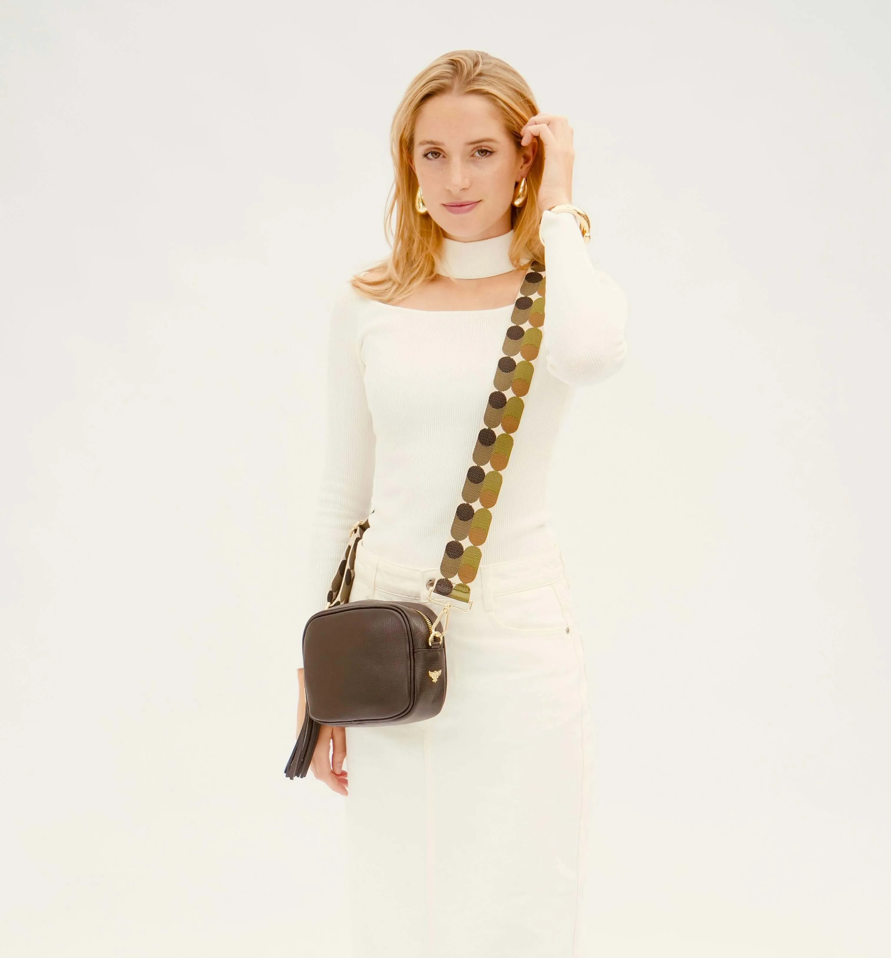 The Tassel Black Leather Crossbody Bag With Khaki Pills Strap