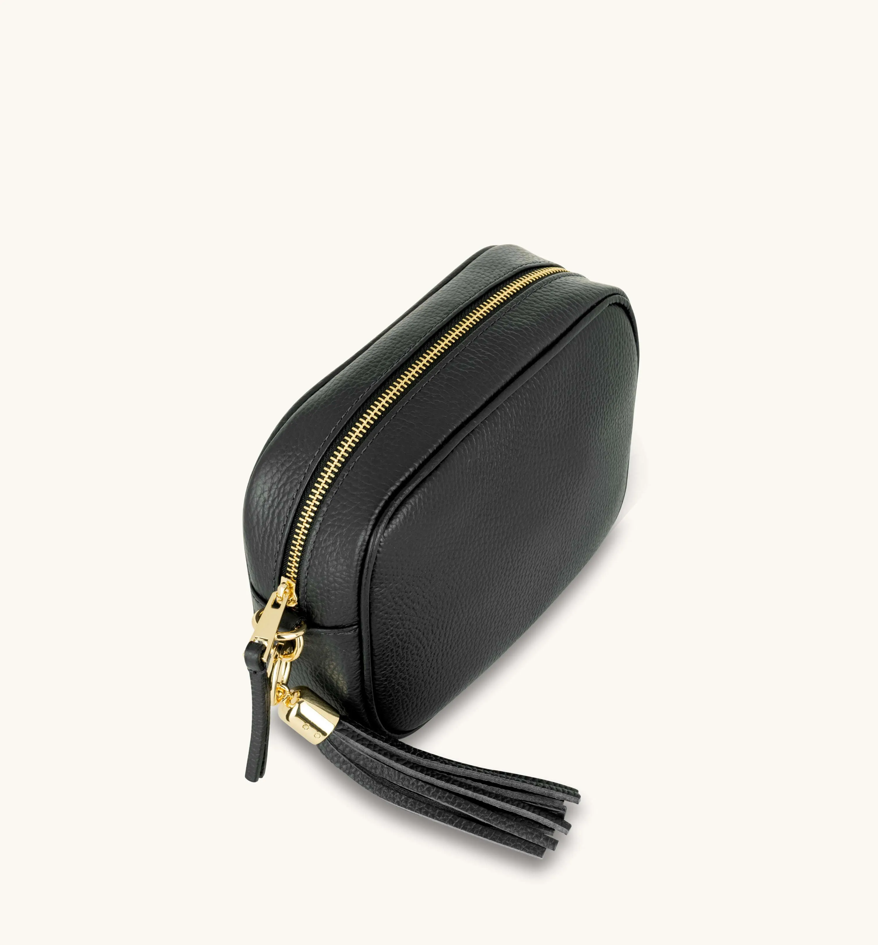 The Tassel Black Leather Crossbody Bag With Khaki Pills Strap