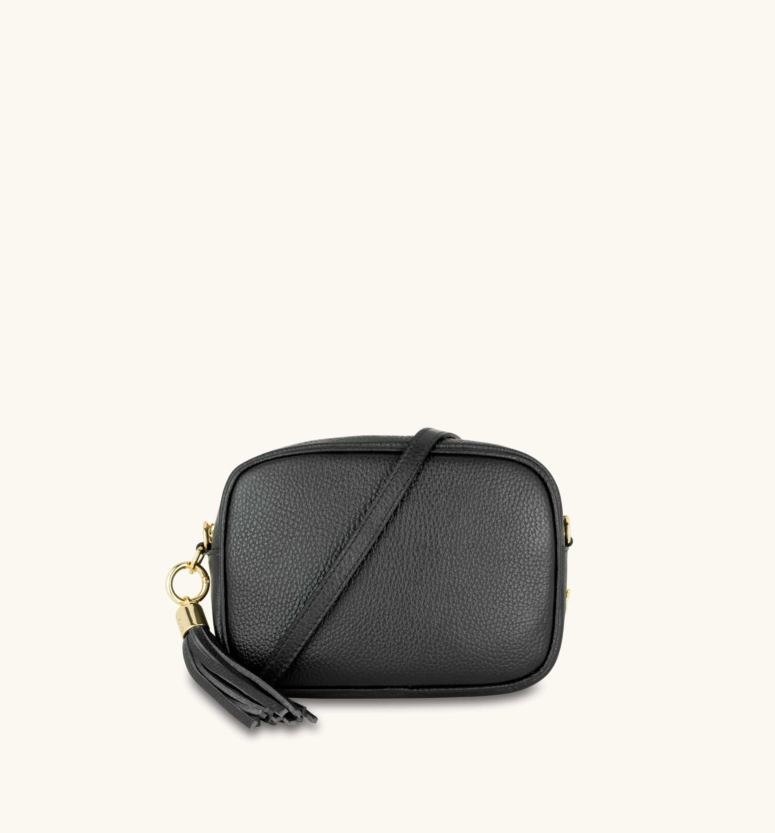 The Tassel Black Leather Crossbody Bag With Khaki Pills Strap