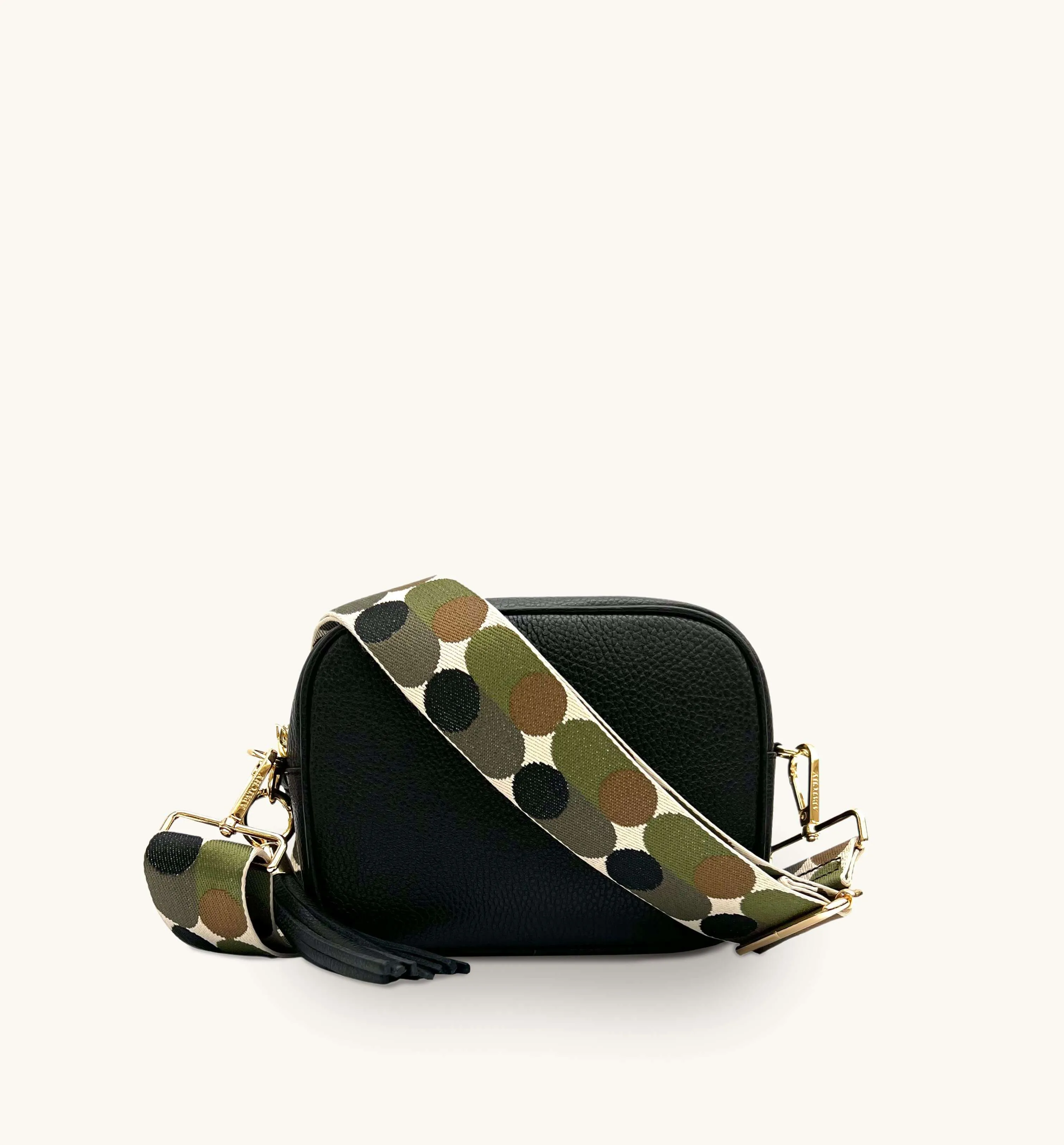 The Tassel Black Leather Crossbody Bag With Khaki Pills Strap