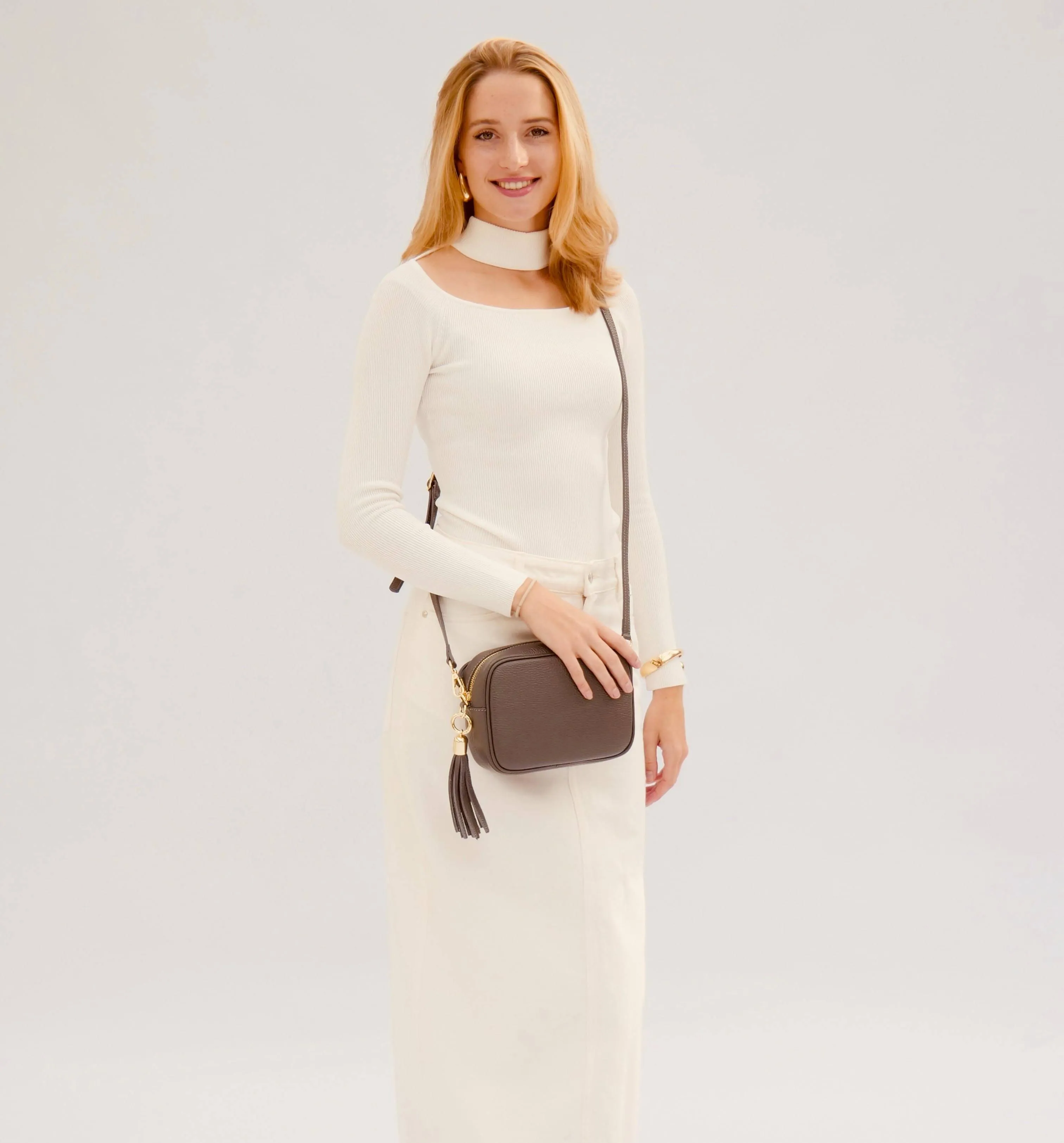 The Tassel Dark Grey Leather Crossbody Bag With Gold Chain Strap