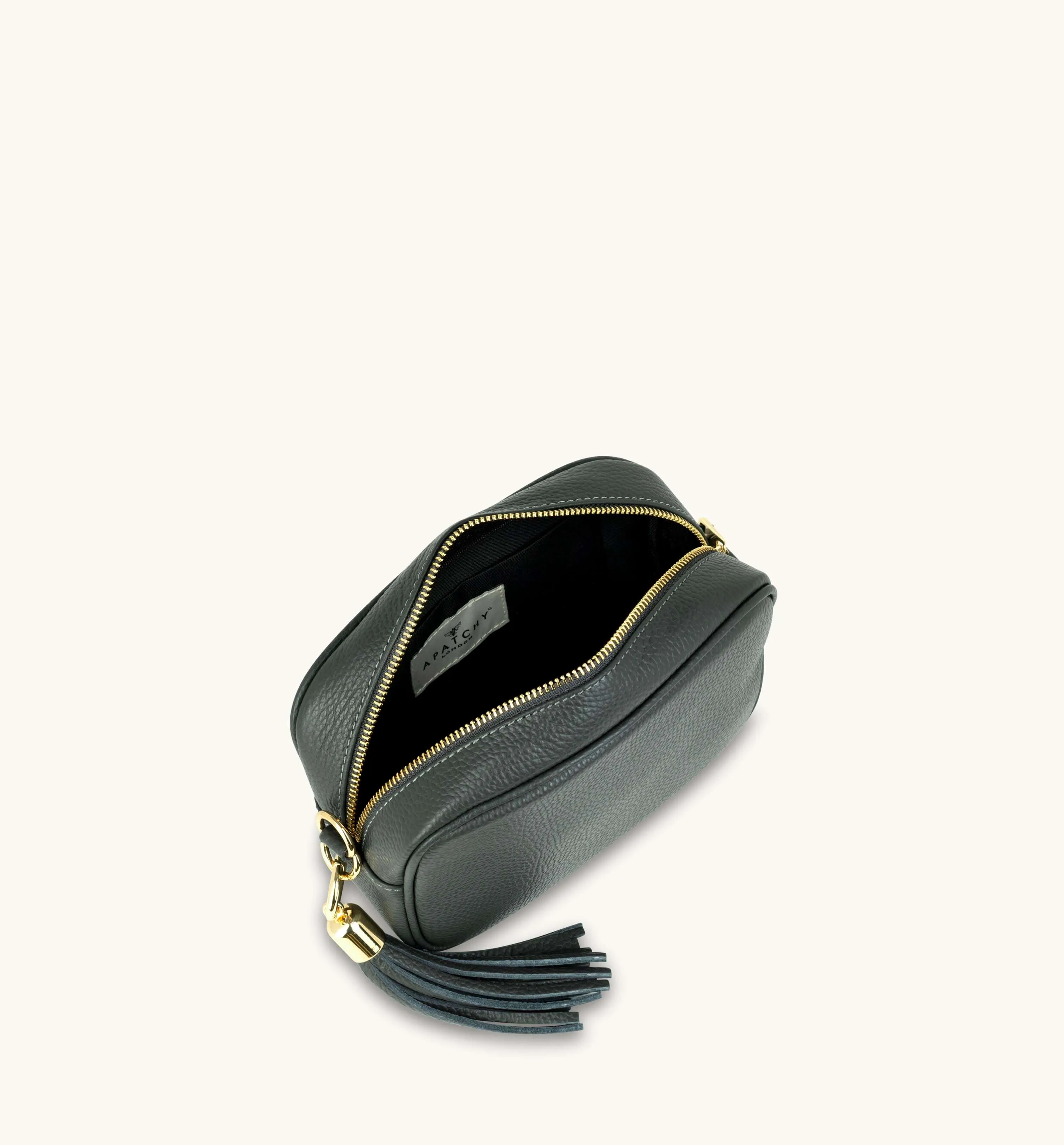 The Tassel Dark Grey Leather Crossbody Bag With Gold Chain Strap
