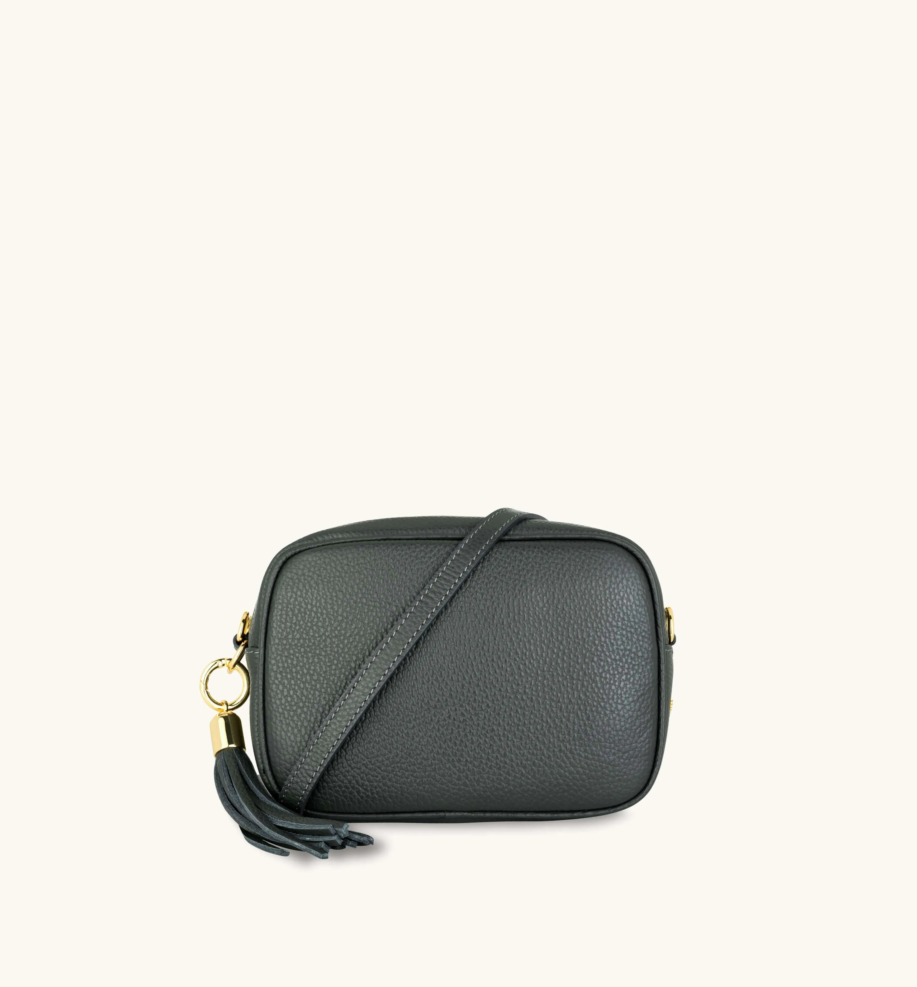 The Tassel Dark Grey Leather Crossbody Bag With Gold Chain Strap