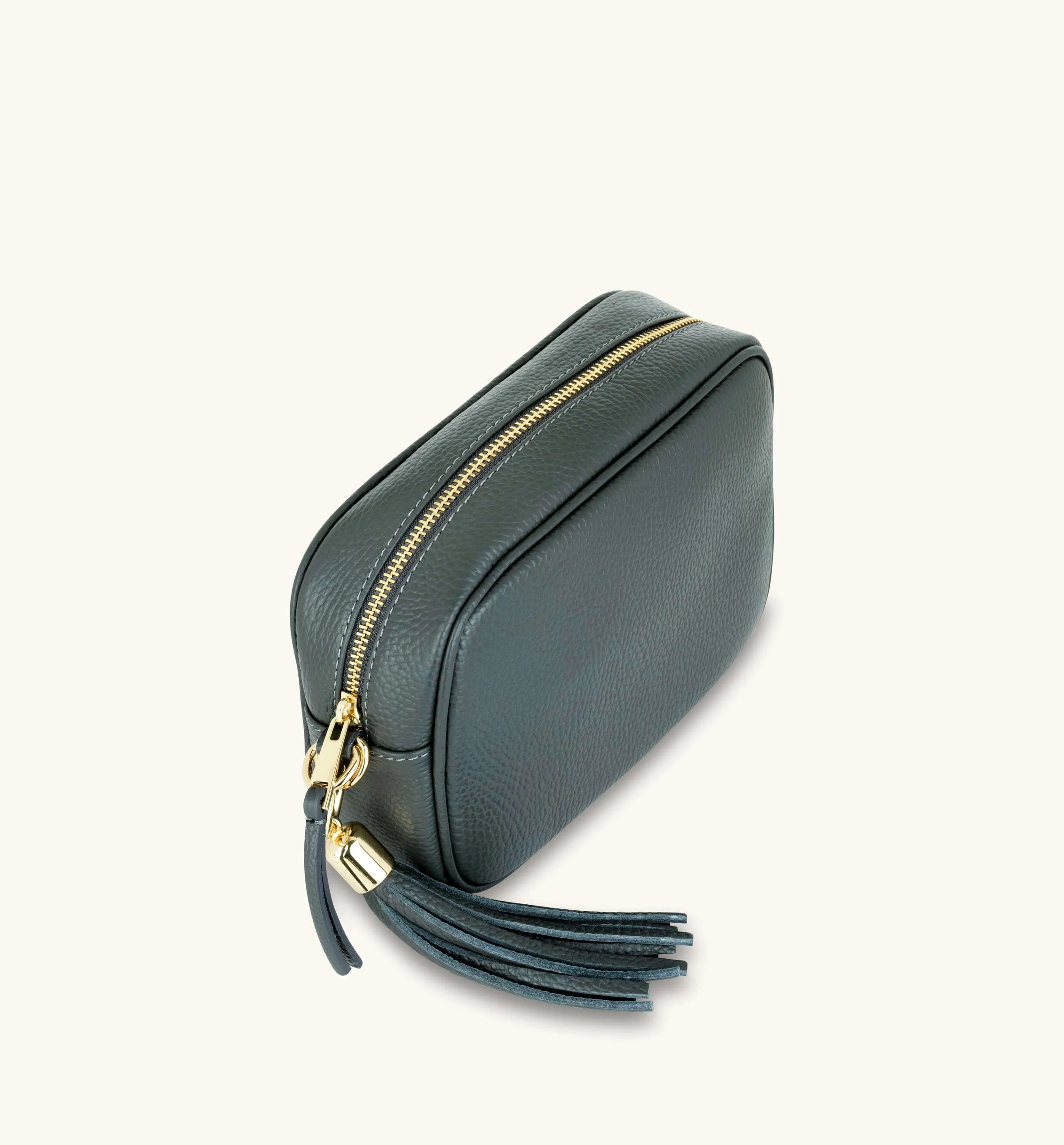 The Tassel Dark Grey Leather Crossbody Bag With Gold Chain Strap