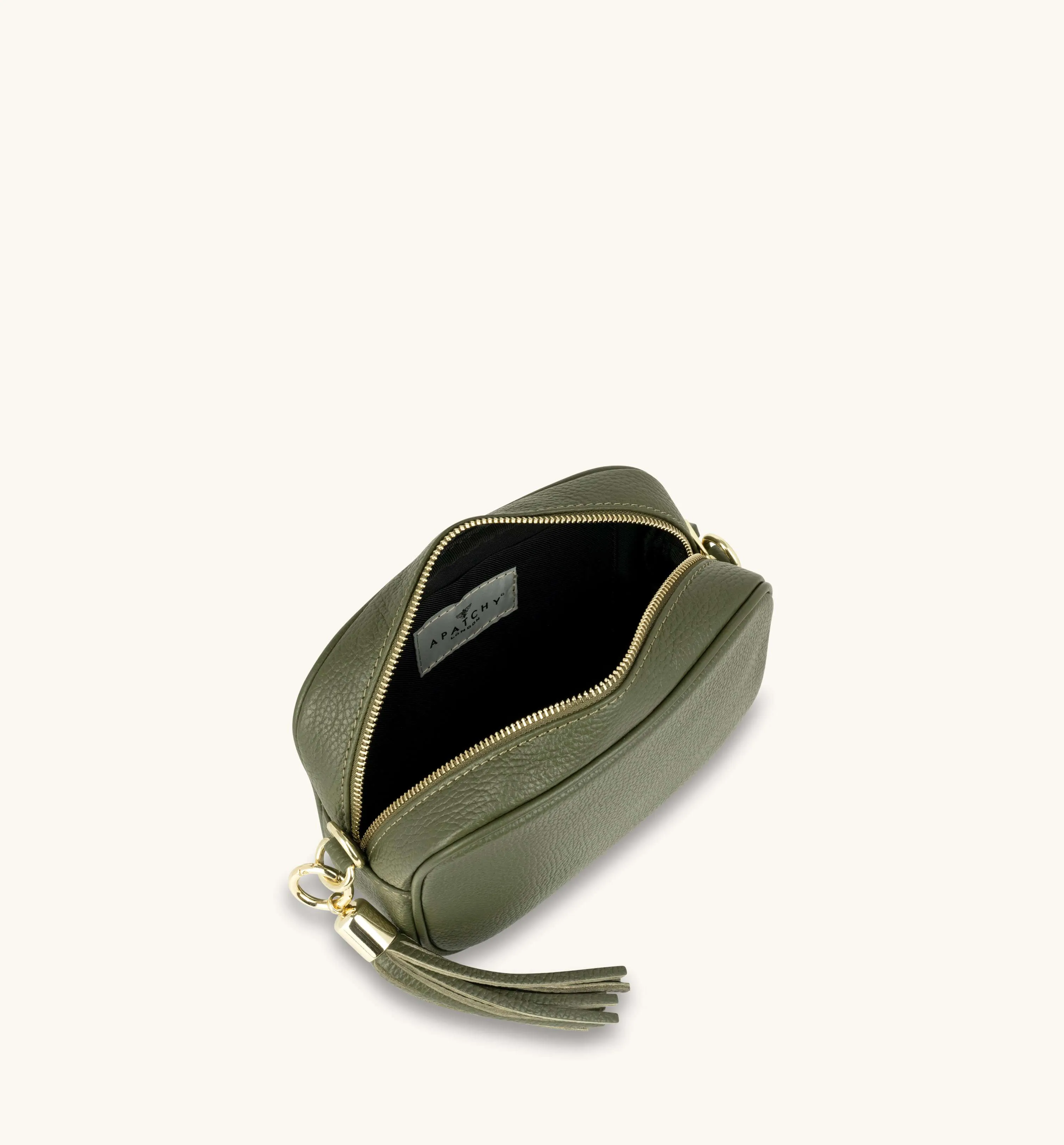 The Tassel Olive Green Leather Crossbody Bag With Orange & Gold Stripe Camo Strap