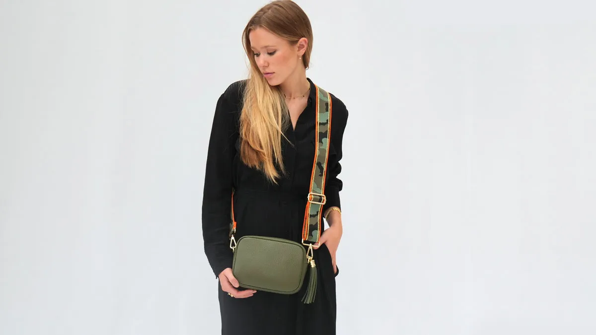 The Tassel Olive Green Leather Crossbody Bag With Orange & Gold Stripe Camo Strap