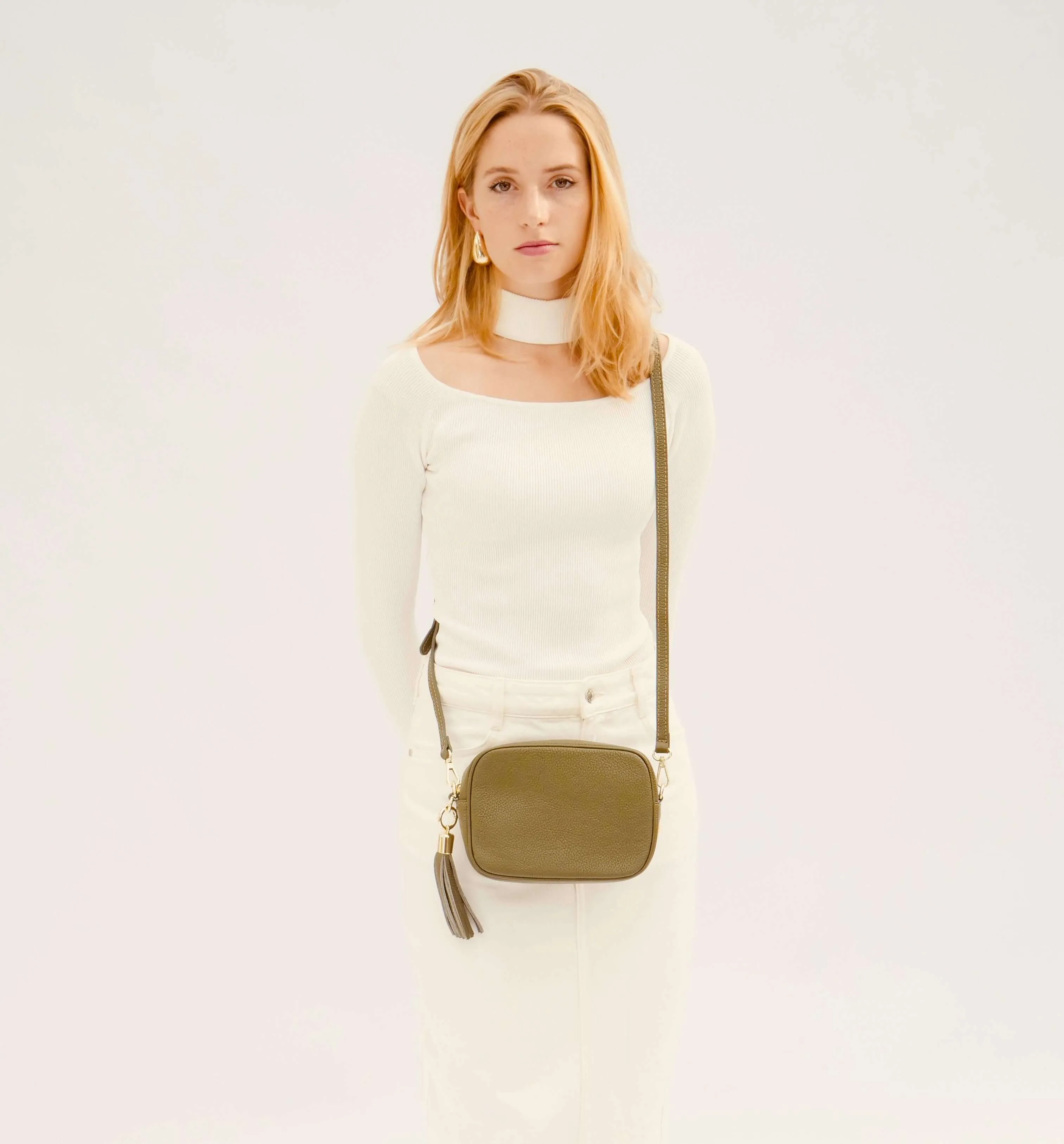 The Tassel Olive Green Leather Crossbody Bag With Orange & Gold Stripe Camo Strap