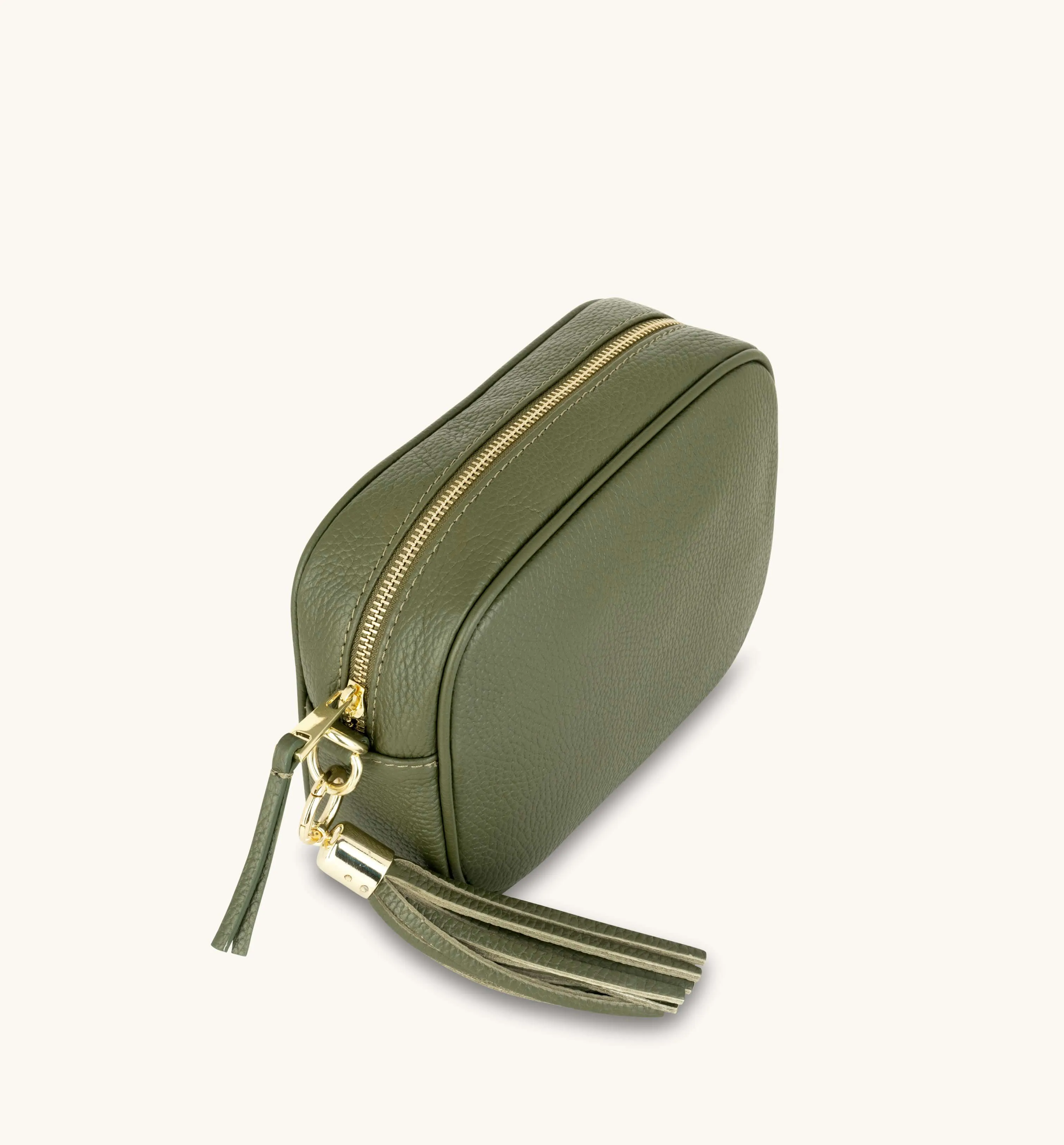 The Tassel Olive Green Leather Crossbody Bag With Orange & Gold Stripe Camo Strap