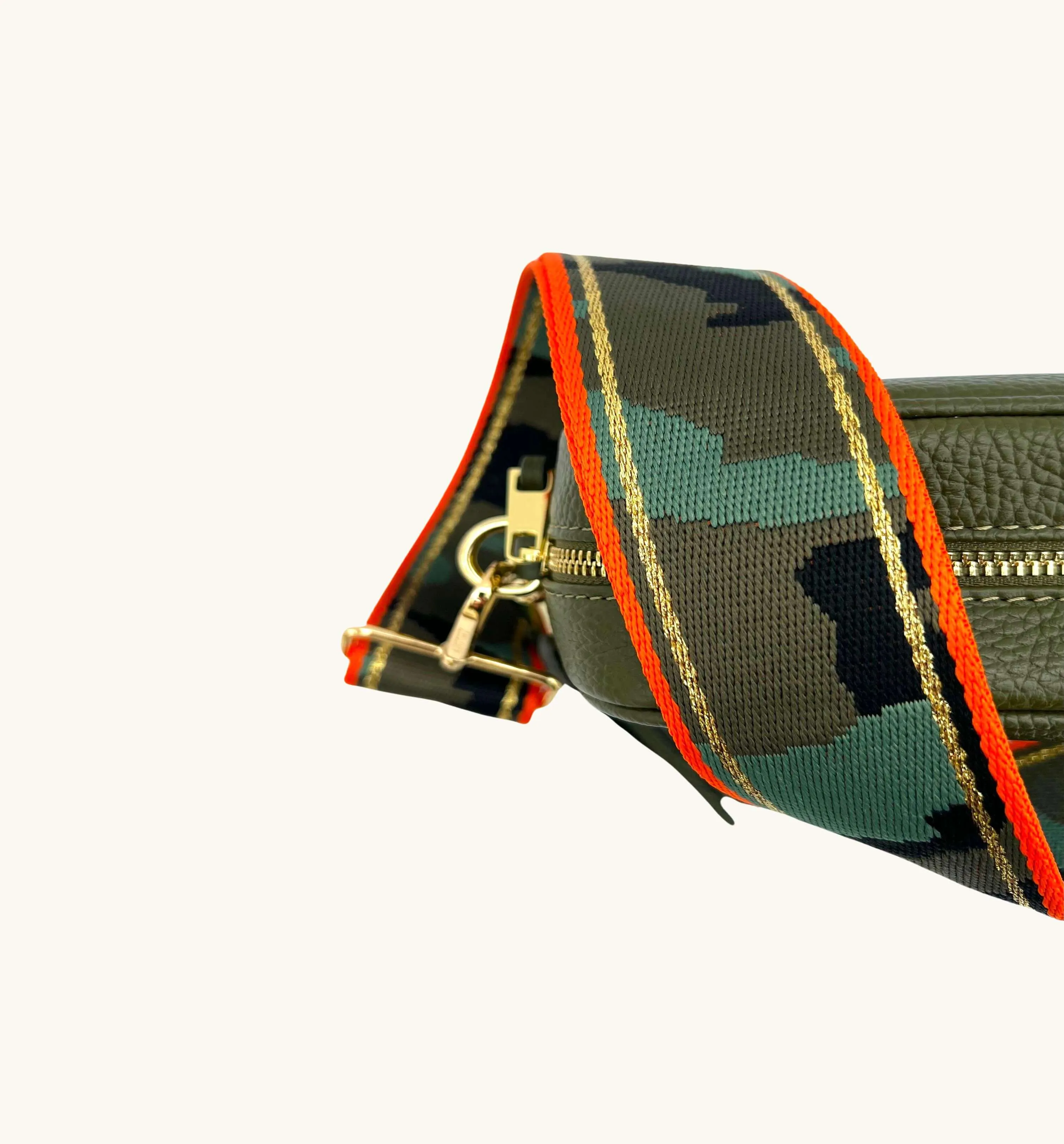 The Tassel Olive Green Leather Crossbody Bag With Orange & Gold Stripe Camo Strap